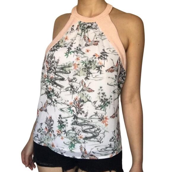 H&M Asian Garden Crane Bird Print Halter T-back Blouse SZ 6 - Picture 12 of 12